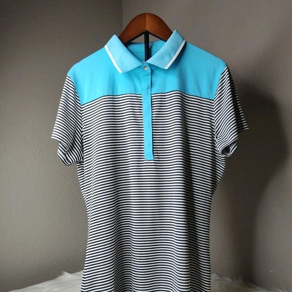 Cutter & Buck Polo Shirt Womens Medium Blue Striped CB DryTec Snap Active Golf